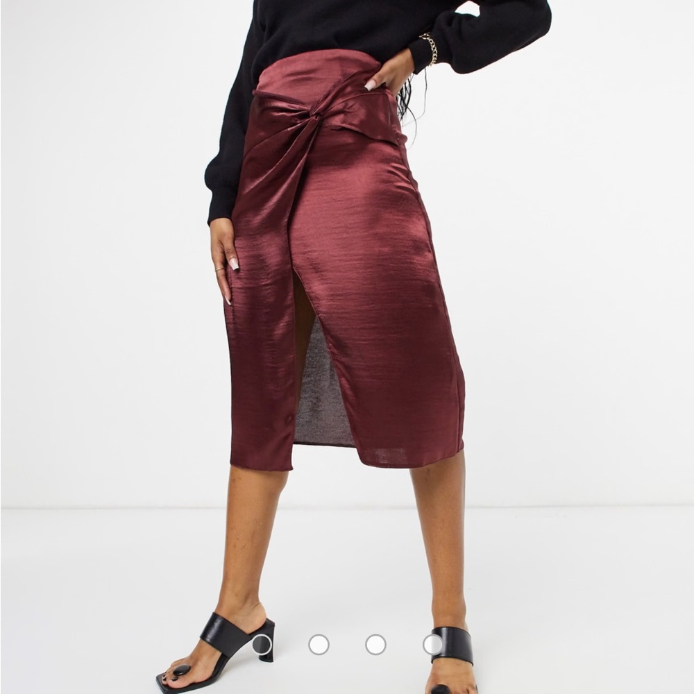 ASOS DESIGN high shine satin midi skirt with twist detail in burgundy NWOT
